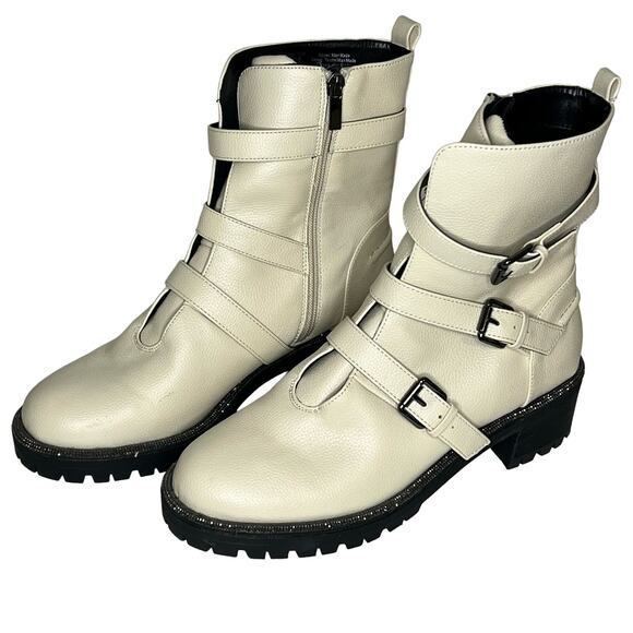 Kenneth Cole Reaction Women's Boots Size 9 Ivory Tate Biker Jewel Faux Leather - Picture 2 of 13